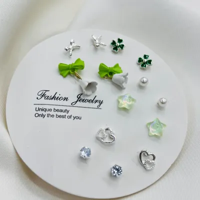 7 Pairs Green Clover Stud Earring Set (1 Pata)